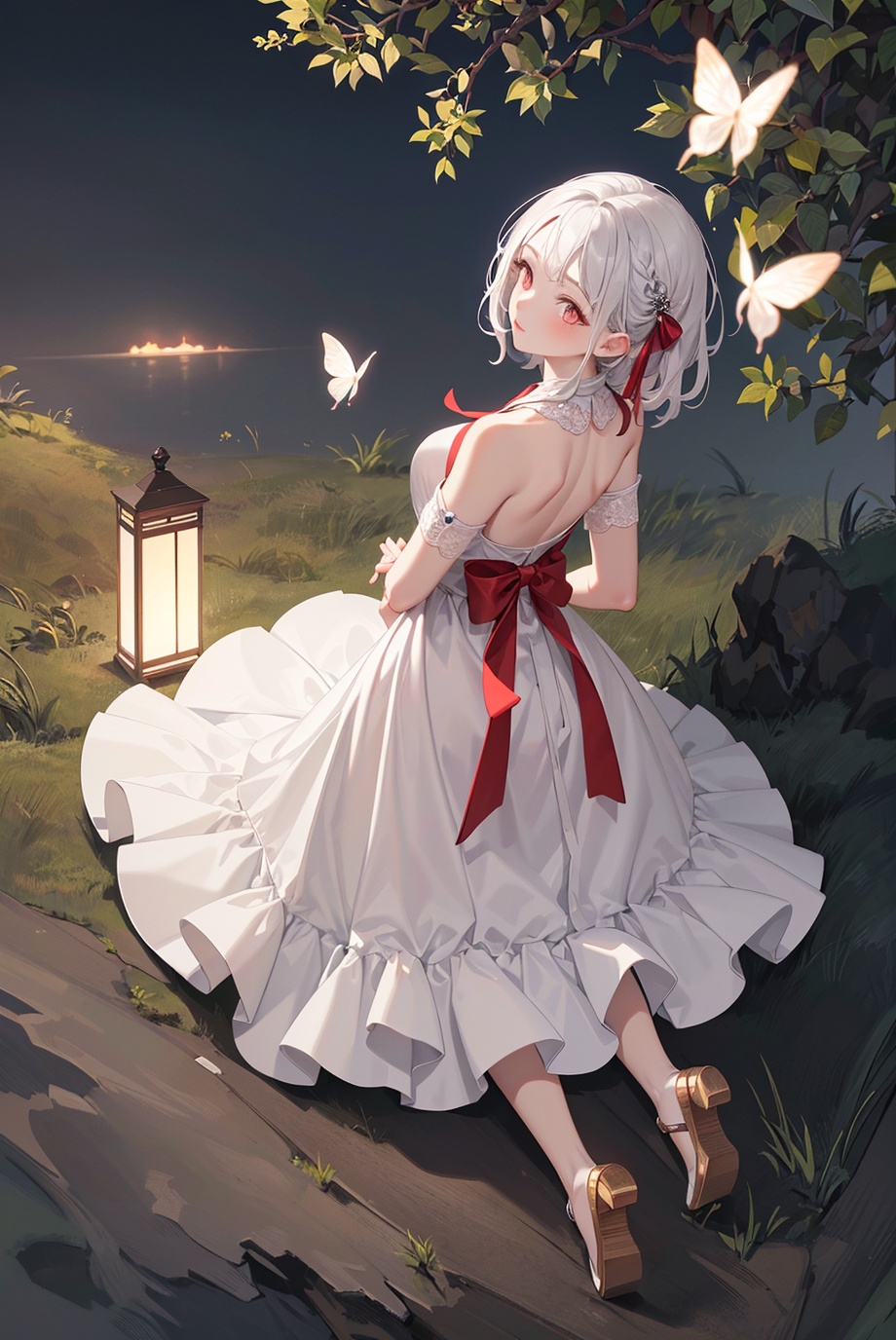 game cg,best quality,official art,(((light from the sky))),floating hair,light shines on hair,ultra-detailed,(((extremely detailed cg 8k wallpaper))),(crystalstexture skin:1.4),(extremely delicate and beautiful)jewelry,(white skin),looking_at_viewer,1girl, (solo:1.3),glowing eyes,(low exposure), frilly dress, extravagant dress, black and white accent, red ribbons, (bioluminescent butterfly), top view, under the tree shade, night scenery, full body, (arms behind back), <lora:YG可爱动漫风格:0.75>,