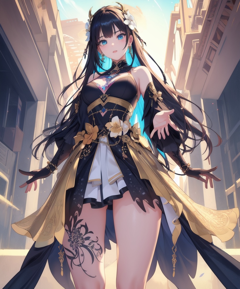 (,1girl, ,best quality, ),looking at viewer, <lora:457-DA-天启姬:0.8> ,,ultra detailed background,ultra detailed background,ultra realistic 8k cg,, ,masterpiece, (( , )),ultra realistic 8k cgSurrounded by strange, movie perspective, advertising style, Colorful background, splash of color A beautiful woman with delicate facial features,tattoo all over body, flower arms, from below,