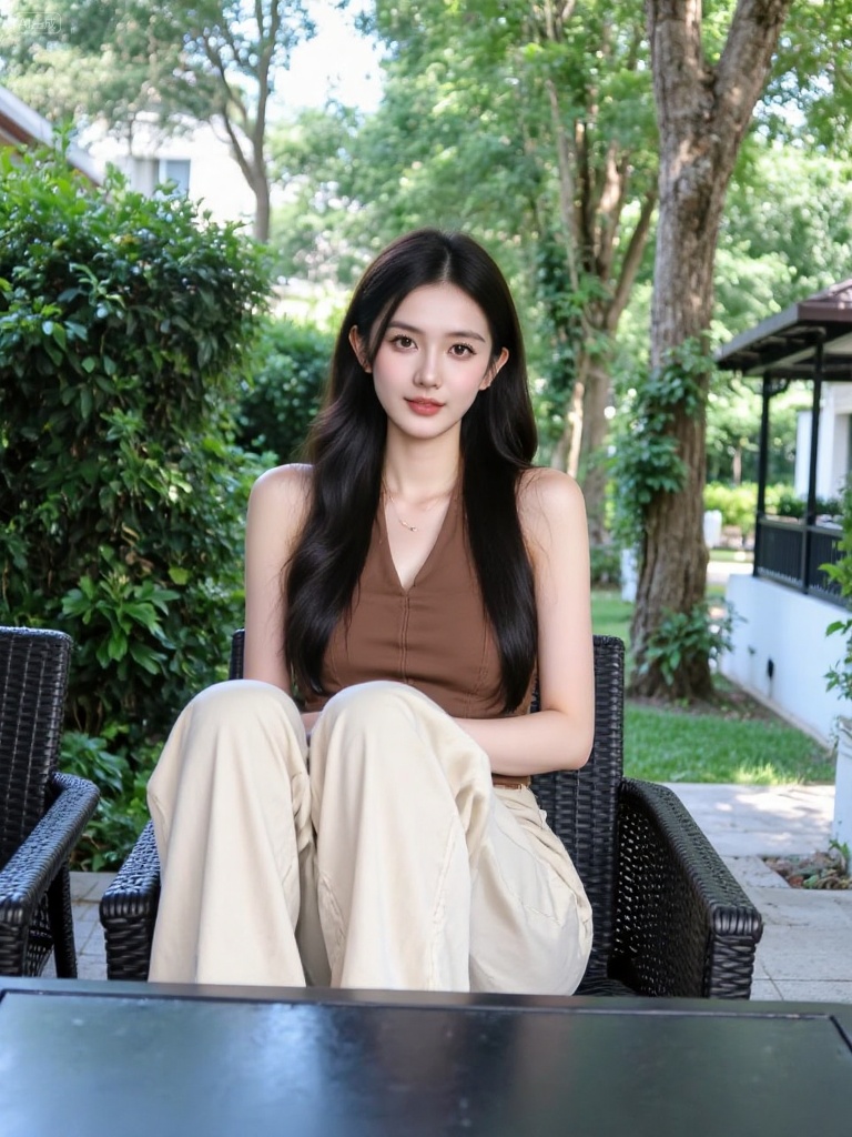 photograph of an east asian woman with long, straight black hair, fair skin, and delicate features, sitting outdoors in a lush, green garden, she wears a sleeveless, brown halter top and beige, loose-fitting pants, with her knees pulled up to her chest, her expression is calm and slightly smiling, she is seated on a black wicker chair with a matching table in the foreground, the background includes tall trees, dense greenery, and a white wall with a small, shaded pavilion, the lighting is natural, suggesting a sunny day, the overall mood is serene and relaxed, Steps: 28, Sampler: Euler, CFG scale: 4.0, Seed: 650552758, Size: 768x1024, Model hash: 0734f0ab2ac6ee5eb9b9dd78fe8bae3a6ef8278135a482073ae31c17ea238747, Model: flux1-dev.sft, Denoising strength: 0, RNG: CPU, Lora 1: 20.safetensors, Lora Hash 1: 7622b1b523f93ebdd915a0d56777a54b18a61a8a2971b053e8459775a39910e2, Lora Weight 1: 0.8, vae_name: automatic