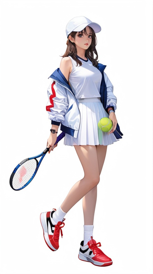 (best quality), ((masterpiece)), (highres), illustration, original, extremely detailed,<lora:韩の时尚衣橱:0.7> 1girl, solo, tennis racket, racket, skirt, shoes, sneakers, tennis uniform, hat, jacket, white background, ball, white headwear, tennis ball, white jacket, simple background, full body, white skirt, watch, off shoulder, sleeveless, socks, holding, white socks, looking at viewer, standing, black hair, shirt, sportswear, pleated skirt, wristwatch, red footwear, brown hair, sleeveless shirt, dark skin, white shirt, black eyes, open clothes, baseball cap