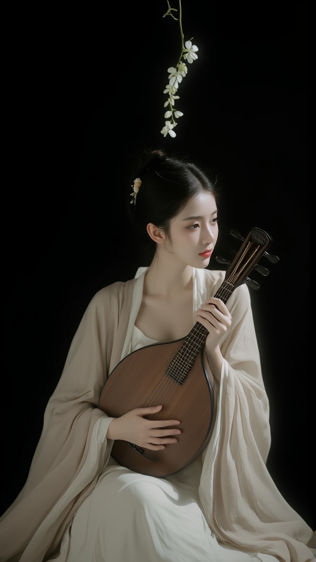 neomj,<lora:neomj古风v9_15:0.95>,A woman with dark hair styled up holds a lute in front of her chest. She's wearing a flowing,light colored garment and looking to her right. A small branch of white flowers is seen above her head against a black background.,