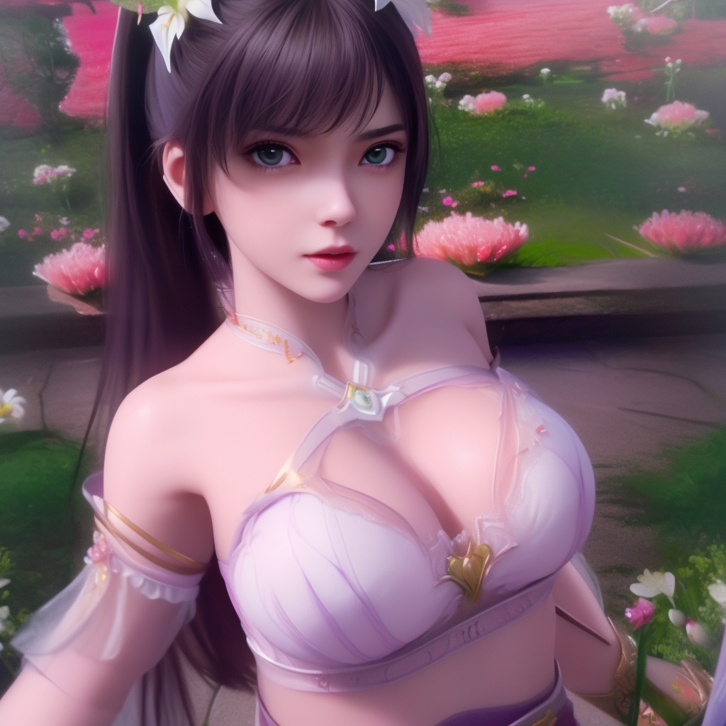 <lora:799-DA-神墓-楚钰:0.8>, (,1girl, ,best quality, ),,  ,ultra detailed 8k cg,ultra realistic 8k cg,1girl, solo,(bare shoulders:0.85),(masterpiece, best quality),((oil painting style)),sexy young lady,(beautiful face and eyes),(upper body:1.5),(whole body:1.05),(single person:1.2),surrounded by flowers, (lily), roses, floret, vegetation, white, purple, purplish pink,Impressionism,colorful,(Breast size:1.3),(cleavage),,