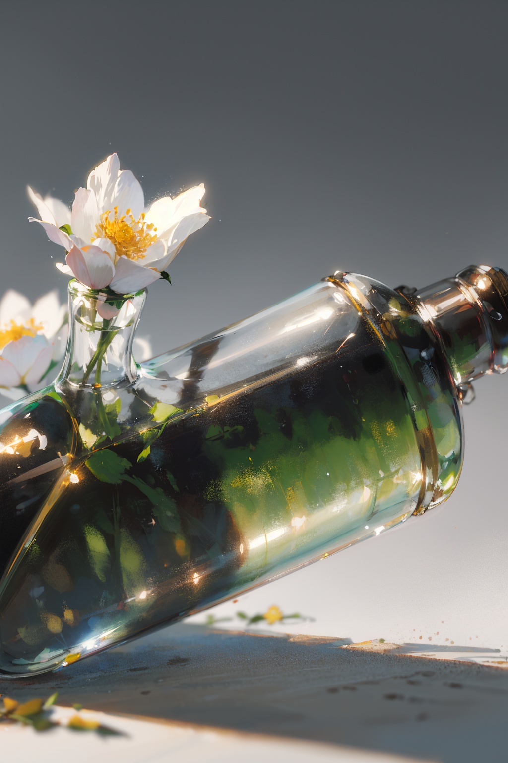 masterpiece,best quality,(ray tracing,cinematic lighting),glass bottle,close-up,white flower,blurry background,grey background,blurry foreground,simple background,