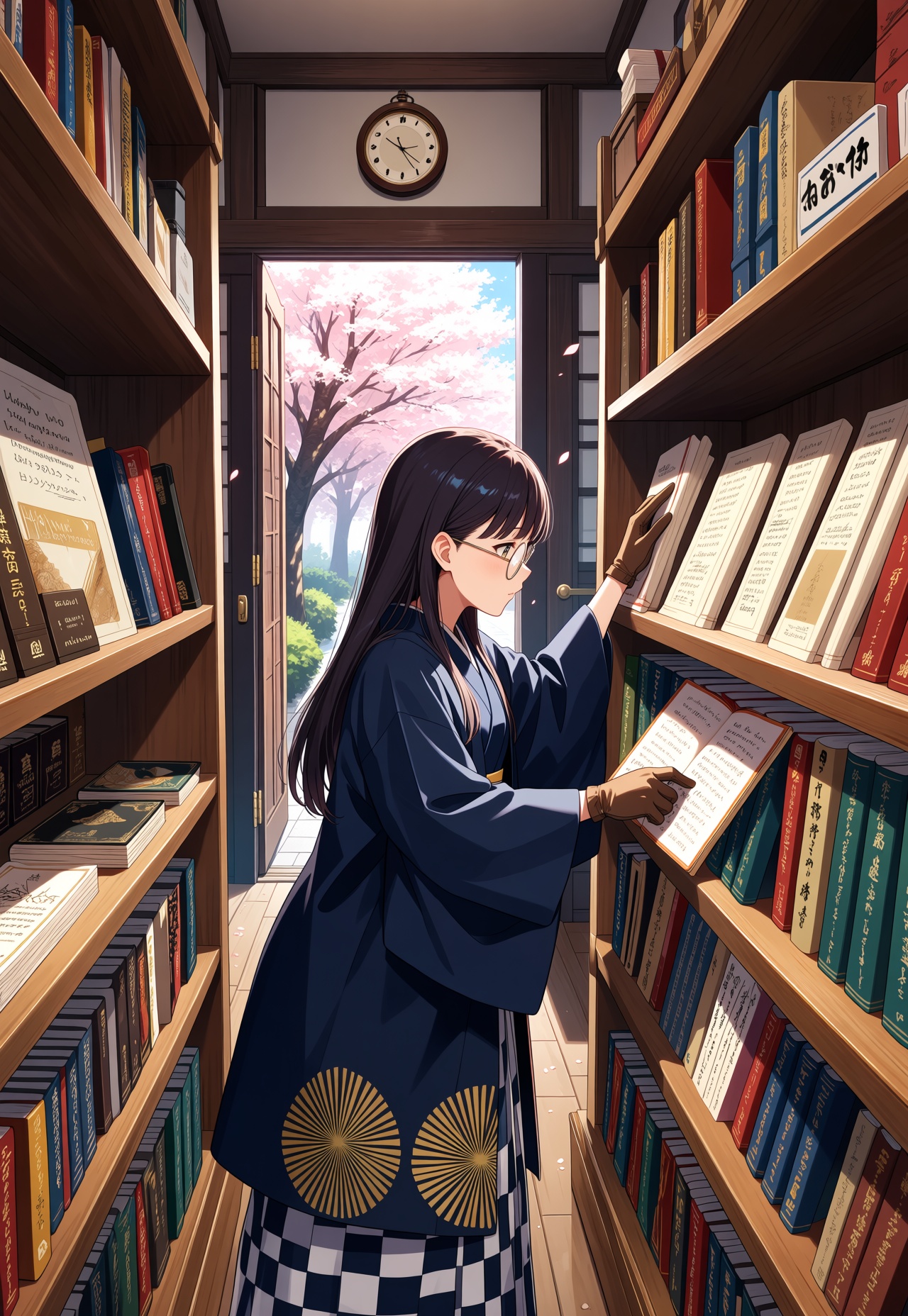Inside a cozy bookstore tucked away in a narrow alley,  a Taisho-era girl browses shelves lined with foreign books,  Japan...