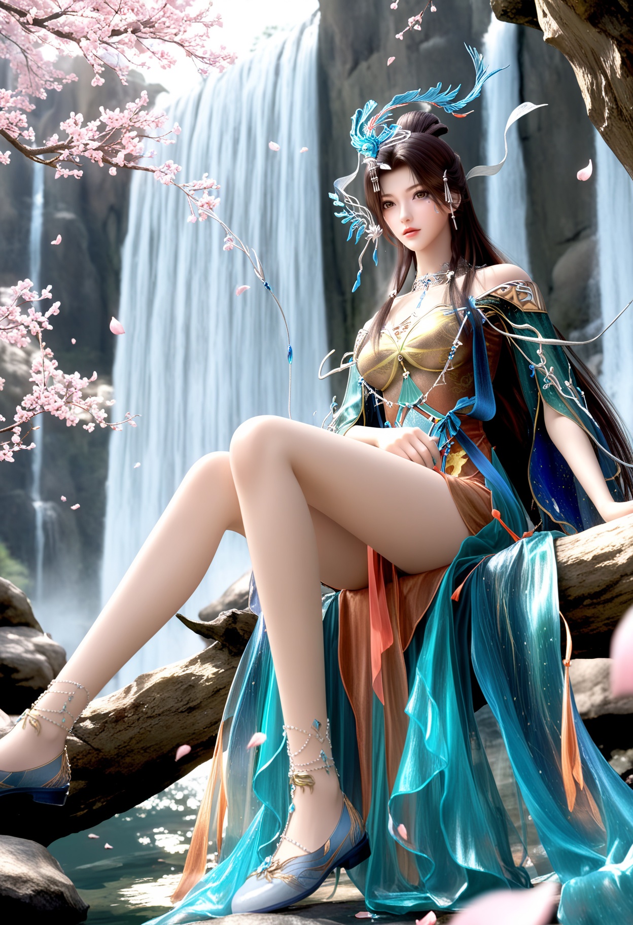 masterpiece,best quality,amazing quality,high resolution,ultra-detailed,absurdres,(looking at viewer:1.1),full body,(moody lighting:1.1),waterfall,peach blossom,falling petals BREAK large breasts,yunwangshu,1girl,solo,long hair,jewelry,hair ornament,black hair,dress,necklace,brown hair,facial mark,brown eyes,hair bun,chinese clothes,mole under eye,shoes,anklet,sitting BREAK photorealistic details,<lora:QQSillyunwangshuV1:0.8>,