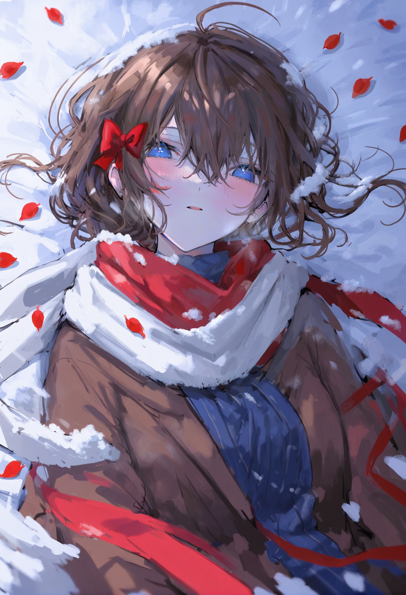 masterpiece, best quality, 1girl, solo, long hair, looking at viewer, brown hair, snow, blush, lying, parted lips, on back, nail polish, blue eyes, bangs, upper body , ahoge, petals, snowing, scarf, blue nails, hair between eyes, hair bow, red bow, ribbon  <lora:ziyunXLlokr8f-000180:0.95>