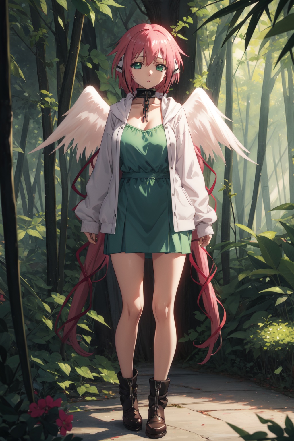 <lora:Ikaros-000009:0.8>,ikaros cyql,1girl,looking at viewer,solo,pink hair,long hair,very long hair,twintails,robot ears,hair ribbon,green eyes,collar,metal collar,chain,wings,angel wings,large breasts,Aran sweater duster coat worn over a sweater dress and heeled booties,shy,bust,Tall bamboo stalks stand upright in close proximity, their leaves rustling softly in the breeze, while sunlight filters through the gaps, casting dappled shadows,(Bonsai trees, Moss, Gravel pathways, Raked sand, Tranquility, Meditation:0.5),beautiful detailed sky,beautiful detailed glow,posing in front of a colorful and dynamic background,masterpiece,best quality,beautiful and aesthetic,contrapposto,female focus,wallpaper,