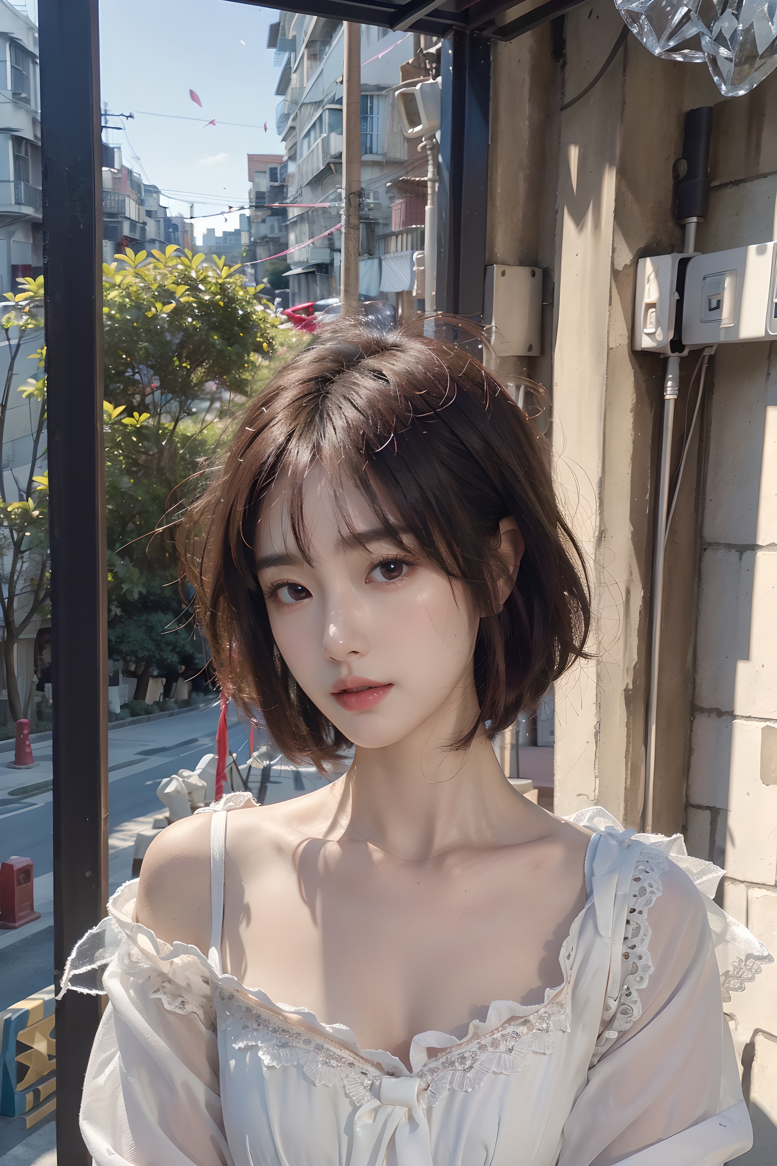 1girl,solo,long hair,realistic,lips,parted lips,upper body,blurry background,floating petals,jitome,cute,Street background:1.5,short hair,masterpiece,high quality,best quality),(colorful:0.75),(delicate eyes and face),volumatic light,ray tracing,extremely detailed CG unity 8k wallpaper,solo, indoors, palace, lights, window, decorations,(ahoge:1.3),best quality,official art,(((light from the sky))),floating hair,light shines on hair,whultra-detailed,(((extremely detailed cg 8k wallpaper))),(crystalstexture skin:1.4),(extremely delicate and beautiful),(white skin),looking_at_viewer,kinghere fensejiaren,,realistic, <lora:20240212-1707682573619:0.75> <lora:Body_shaping:0.35>