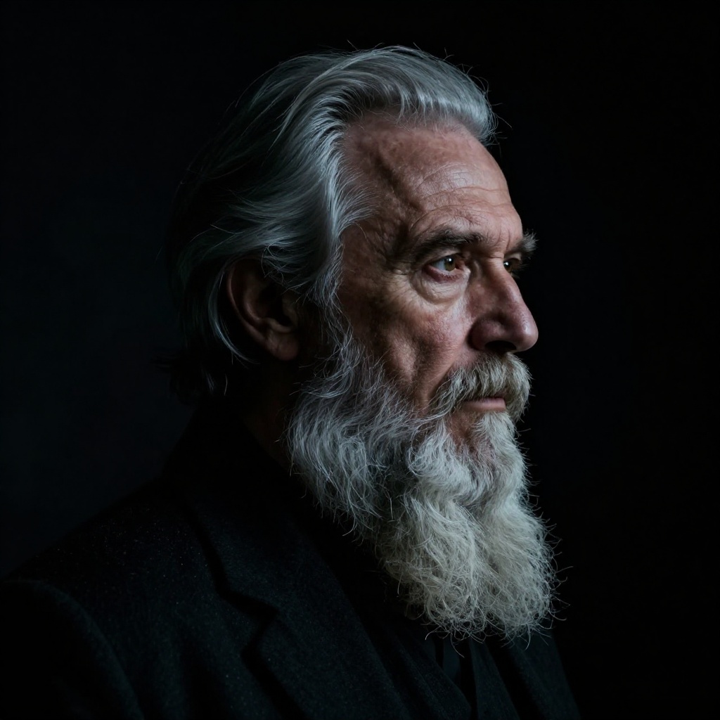 Dark Moody Atmosphere,  Photorealistic:1 Dark Chiaroscuro Lighting Style cinematic film style a mature older grey hair man...