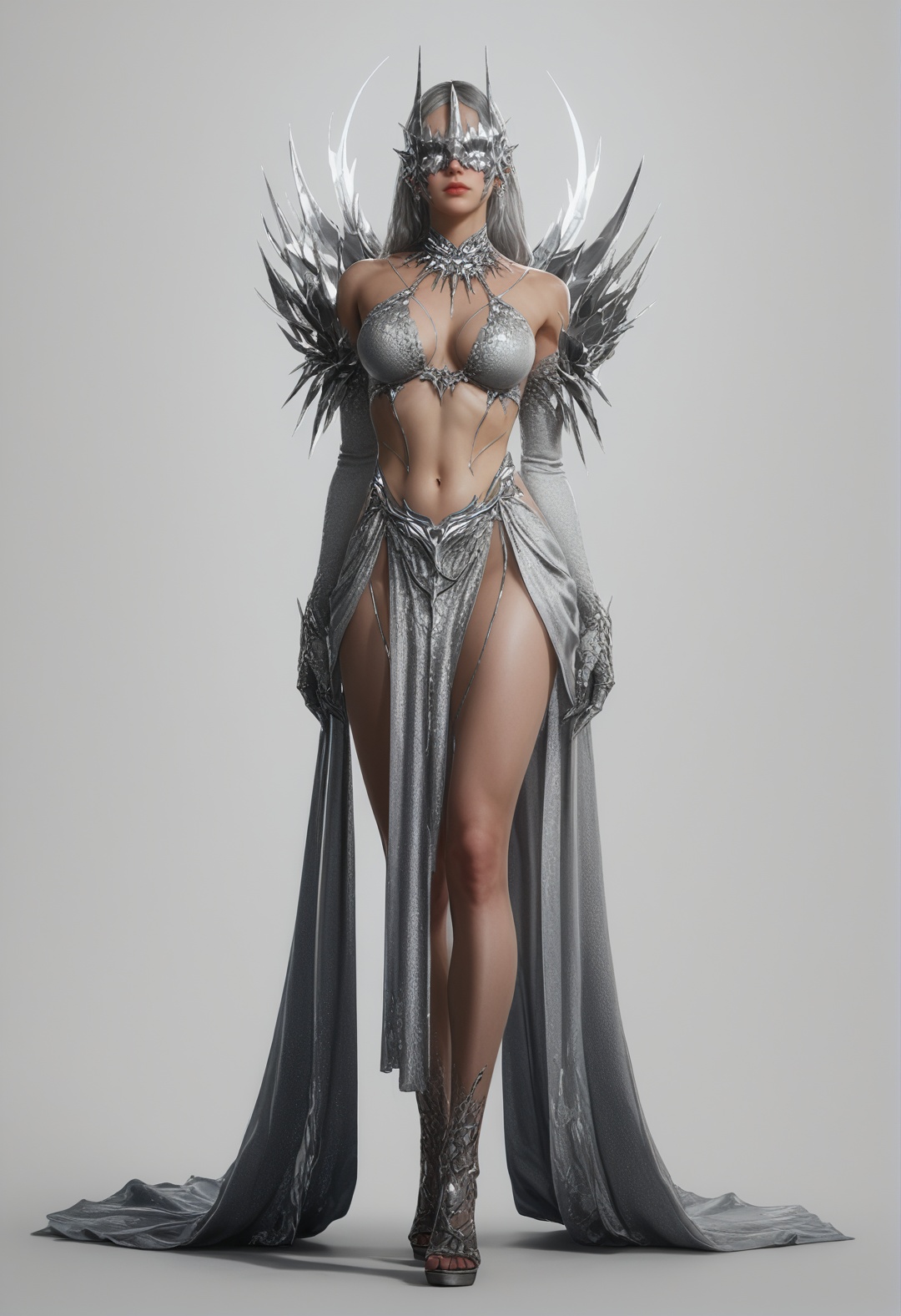 supermodel,score_8_up,score_7_up,hyperdetailed,hyperrealistic,volumetric lighting,focus on face,textured skin,eye lighting,SkinHairDetail,zPDXL,intricate and refined delicate details,unreal engine,very attractive,ultra high res,Expressiveh,realistic skin,score_9,score_8_up,score_9,score_8_up,1 girls,high cold face,yujie,breasts,jewelry,best quality,<lora:渡鸦2圣衣更新:0.8>,breasts,covered eyes,duya2,full body,high heels,long hair,medium breasts,navel,standing,white background,