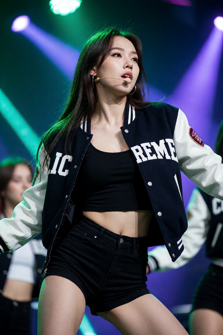 A young East Asian woman,  approximately 20 years old,  performs energetically on stage under vibrant green and purple spo...