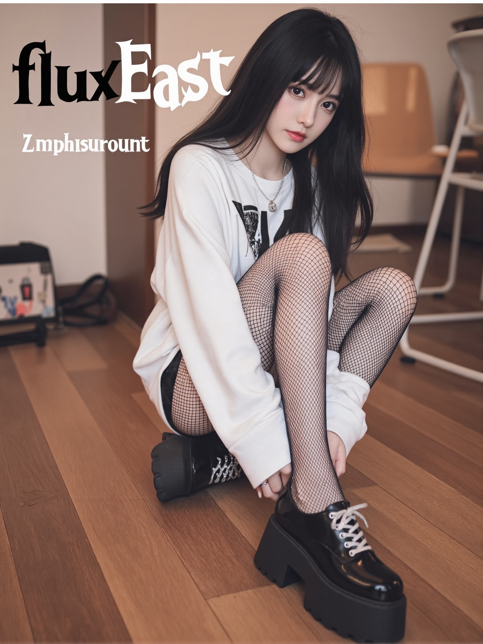 This is a clear indoor portrait photo with a modern and trendy style. The subject of the photo is a young woman who is sitting on a wooden floor,facing the right side of the frame with her body slightly bent at the knees,with her hands resting on her left thigh. She is looking at the camera with a calm expression. She is wearing a white long-sleeved sweatshirt with black letters and patterns on it. Below that,she is wearing fishnet stockings in black,and on her feet,she has a pair of black chunky platform leather shoes with silver decorations on the laces. Her hair is black and falls in loose waves,without bangs. In the background,you can see some furniture,such as chairs and a handbag.,There is a prominent artistic font above the picture,which reads' fluxEast 'in English,