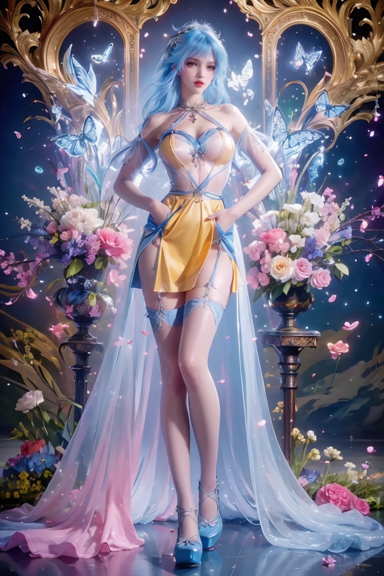 1girl,dress,high heels,long hair,solo,flower,looking at viewer,jewelry,hair ornament,necklace,red lips,purple footwear,pink flower,bare shoulders,full body,blue footwear,facial mark,knees together feet apart,butterfly hair ornament,short dress,petals,bare legs,makeup,curtains,halterneck,(stockings:1.2),Jay Nature,Trees,Forests,Animals,Flowers,Reality,Masterpiece,best quality,official art,extremely detailed CG Unity 8k wallpaper,<lora:20230926-1695663803691:0.3>,<lora:炫彩V1:0.3>,hiqcgbod,outdoors,(see-through:1.3),(bandeau:1.2),(big breasts:1.2),(yellow, green dress),between_legs,(blue hair:1.2),<lora:唐舞桐(3):0.65>,(hands in pockets:1.4),