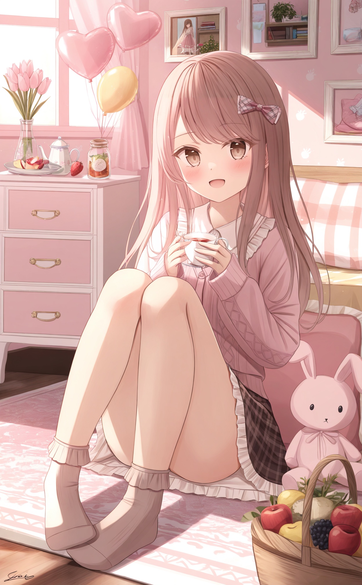 masterpiece,absurdres,best quality,loli,petite,high quality,//, 1girl, cup, window, indoors, stuffed toy, teddy bear, stuffed animal, holding, solo, smile, sitting, long hair, curtains, socks, brown hair, food, holding cup, frills, brown eyes, fruit, basket, skirt, :d, rug, teacup, picture frame, wooden floor, looking at viewer, blush, flower, knees up, photo (object), lamp, long sleeves, open mouth, book, brown skirt, chest of drawers, vase, apple, teapot, drawer, frilled skirt, on floor, drawing (object), no shoes, shirt, pillow, very long hair, swept bangs, desk lamp, pink cardigan, bulletin board, cabinet, bow, jar, cardigan, pink theme, brown socks, shelf, table, white socks, saucer, tiered tray, carpet, bookshelf, mug, hair bow, plate, cushion, ribbon, signature, frilled socks, sweater, artist name, tea, stuffed rabbit, sleeves past wrists, full body, frilled shirt collar, collared shirt, heart, ankle socks, dress, balloon, plaid, strawberry, pink sweater, blurry, clock, puffy long sleeves, sunlight, depth of field, tulip//,<lora:千道センリ2——【noob】hans:0.8>,