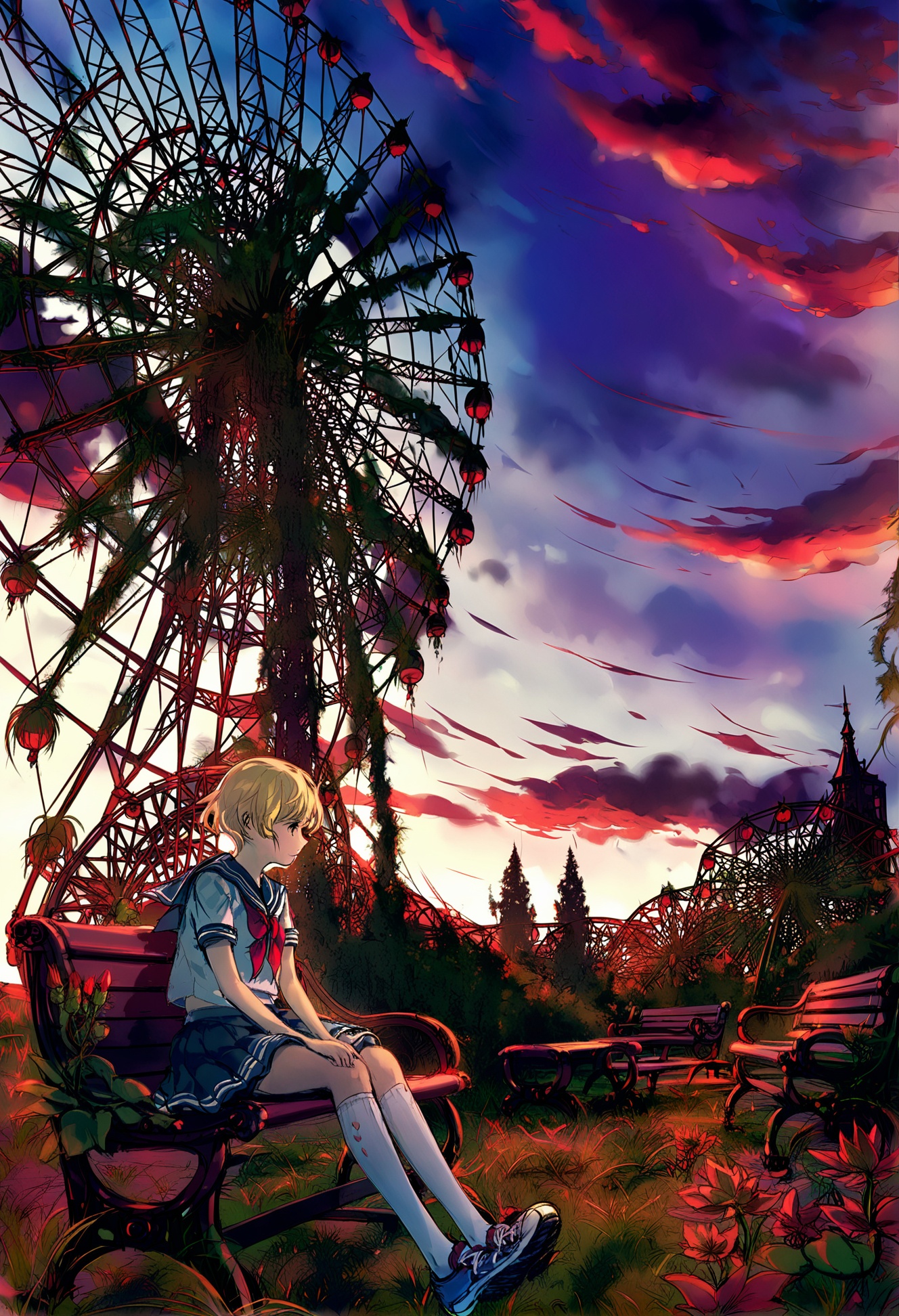 masterpiece, best quality,1girl,   ferris wheel, balloon, solo, sky, tree, bench, sitting, cloud, outdoors, socks, shoes, short hair, grass, scenery, carnivorous plant, mountain, miniskirt, blonde hair, day, serafuku, park, skirt, plant, sneakers, kneehighs, school uniform, cloudy sky, flower, skyline, blue sky, sailor collar, sailor <lora:YuuXLlokr8f-000186:0.95>
