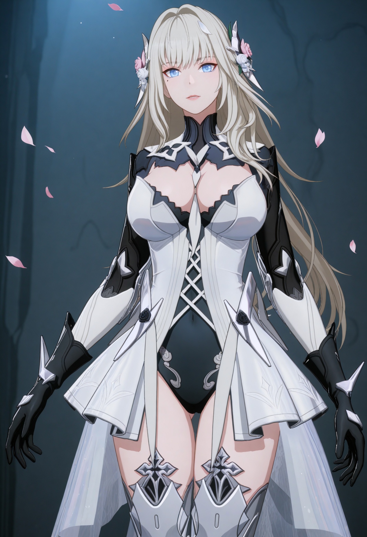upper_body,(gigantic breasts:0.6),(slender:1.3),(looking_at_viewer:1.1),(masterpiece:1.1),(best quality:1.2),(intricate details),(smog:1.3),(Dark room:1.3),(dim lighting:1.3),peach blossom,falling petals,<lora:YQ_Illustrious光辉v5_战双帕弥什_比安卡深痕_拾梦白菀_V1:0.8>,q1528437228,1girl,solo,long hair,hair ornament,grey hair,dress,hair flower,white dress,blue eyes,gloves,black gloves,leotard,thighhighs,mechanical arms,boots,hair intakes,mole under eye,armor,armored boots,thigh boots,high heels,high heel boots,mechanical legs,showgirl skirt,bodysuit,white footwear,masterpiece,(best quality),(intricate details:0.9) BREAK (intricate details:0.9),(realistic skin:1.2),masterpiece,best quality,newest,absurdres,hiahres,