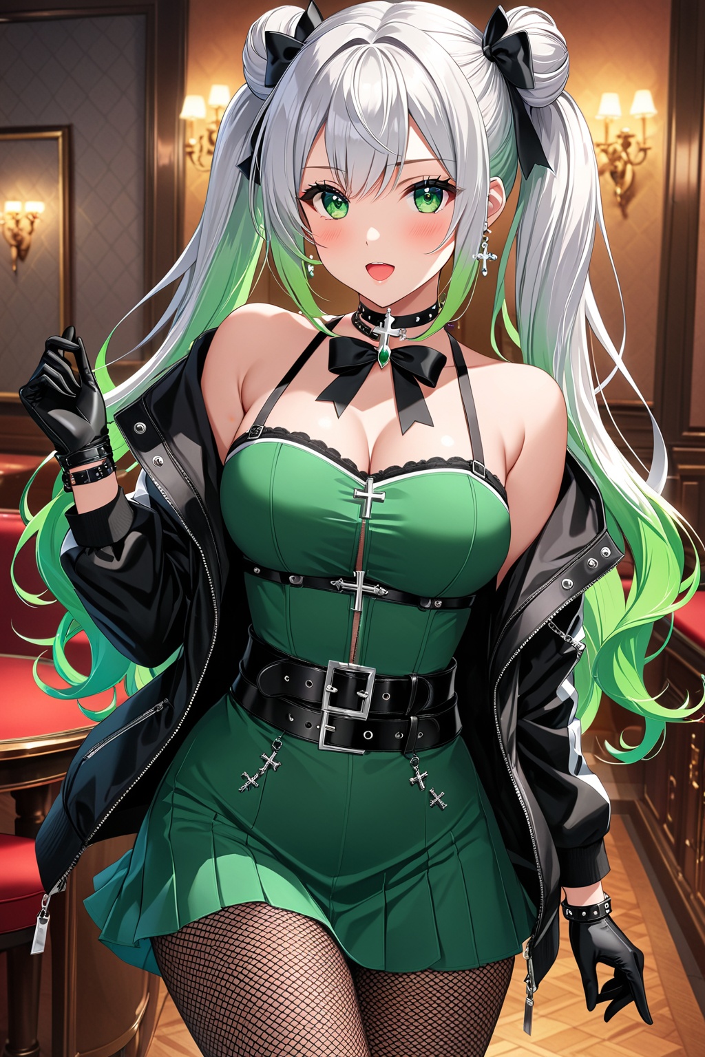 1girl, solo, long hair, breasts, looking at viewer, blush, open mouth, bangs, skirt, shirt, gloves, long sleeves, dress, bow, twintails, jewelry, very long hair, green eyes, jacket, white hair, pantyhose, multicolored hair, cowboy shot, green hair, open clothes, choker, black gloves, belt, indoors, fingerless gloves, off shoulder, hair bun, open jacket, streaked hair, black jacket, black pantyhose, double bun, black bow, gradient hair, black choker, cross, fishnets, fishnet pantyhose, masterpiece