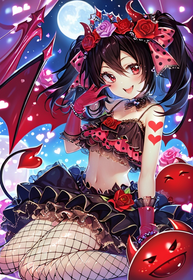 (best quality), ((masterpiece)), (highres), illustration, original, extremely detailed,yyy, 1girl, yazawa nico, solo, fishnets, flower, red eyes, rose, red flower, skirt, navel, gloves, hair ornament, smile, demon tail, black hair, bow, heart, polka dot bow, twintails, tail, hair flower, red rose, hair bow, horns, jewelry, open mouth, purple flower, midriff, polka dot, wings, purple rose, frills, hair between eyes, bracelet, tattoo, bangs, sitting, demon wings, tiara, beads, looking at viewer, suspenders, long hair, crop top, moon, suspender skirt, frilled skirt, bare shoulders, full moon, breasts, pantyhose, small breasts, blush, demon horns, pink rose, black skirt, pink flower, teeth, heart tattoo, choker, red bow, red gloves, pink bow, lace trim, balloon, weapon, bead bracelet, wariza