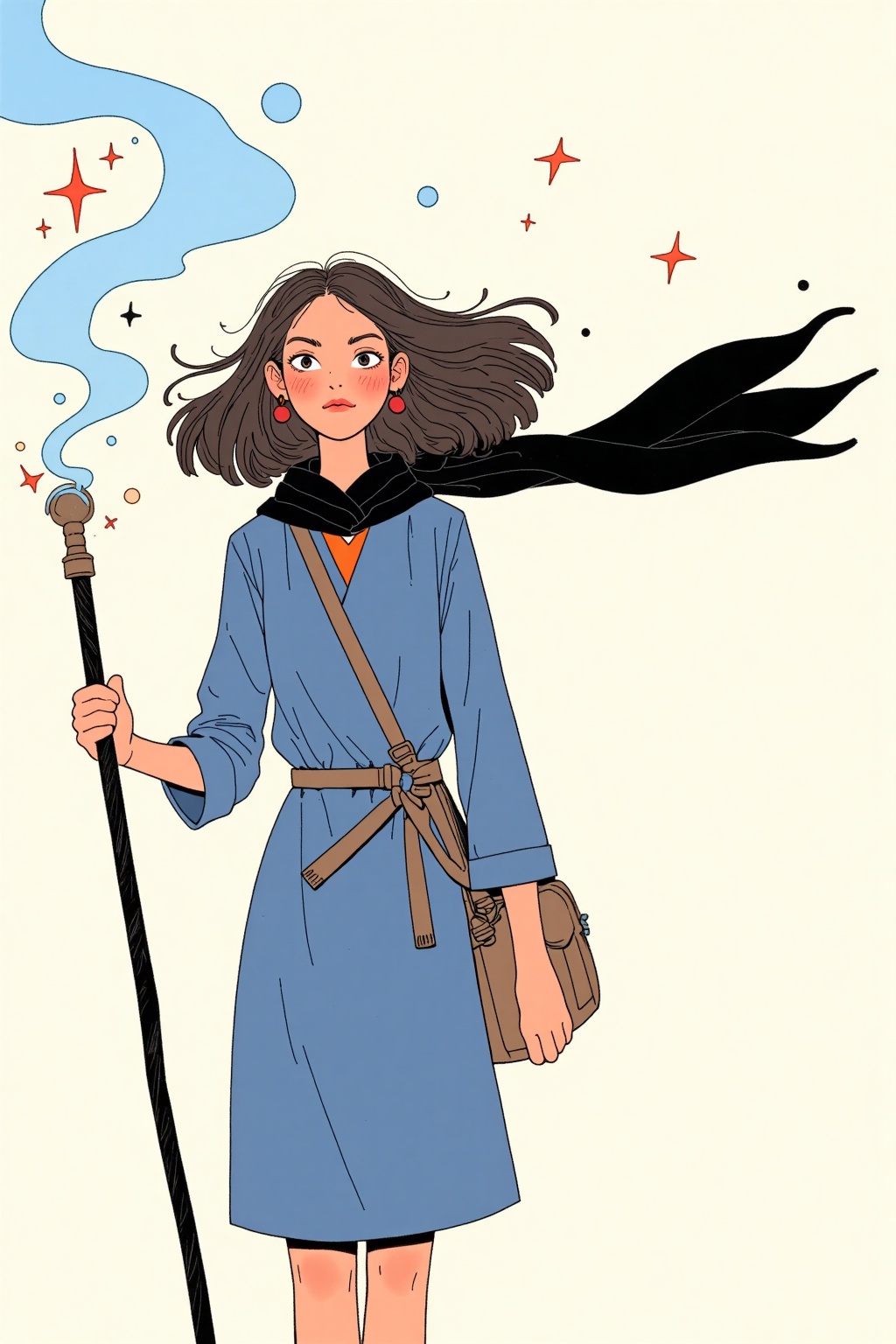 beijihui,A cartoon drawing of a girl with long dark brown hair,wearing a blue dress with a black scarf tied around her neck. She is holding a brown purse in her left hand and a black cane in her right hand. The background is a light cream color with a blue wave coming out of the top left corner of the image. There are small orange stars in the sky above the woman.,