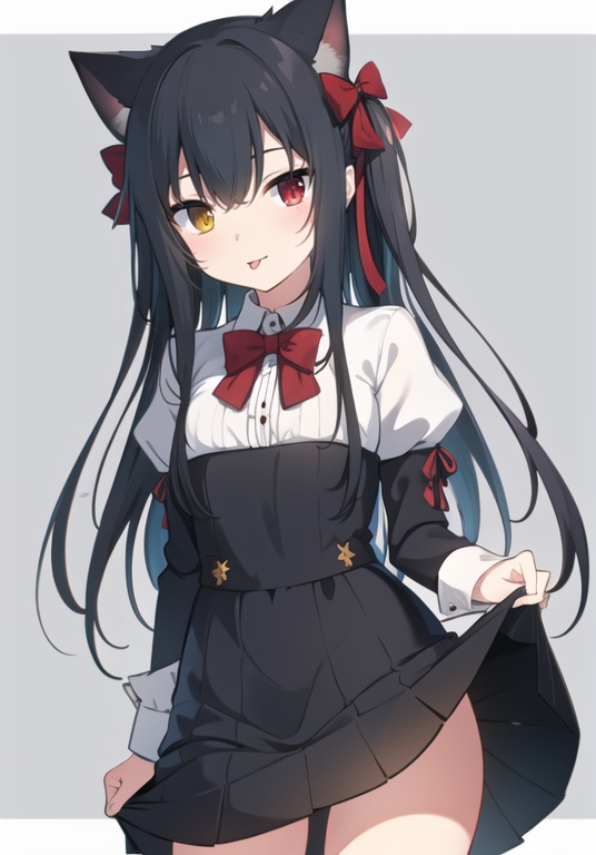 (best quality), ((masterpiece)), (highres), illustration, original, extremely detailed wallpaper.  <lora:cutegirl-000008:0.7>1girl, solo, animal ears, heterochromia, red bow, dress, tongue, long hair, bow, tongue out, black dress, red eyes, long sleeves, cat ears, black hair, yellow eyes, puffy sleeves, looking at viewer, hair bow, two side up, bangs, two-tone background, :p, juliet sleeves, red bowtie, small breasts, hair between eyes, skirt hold, very long hair, sleeves past wrists, breasts, cowboy shot, red ribbon, grey background, bowtie, clothes lift, ribbon, white background