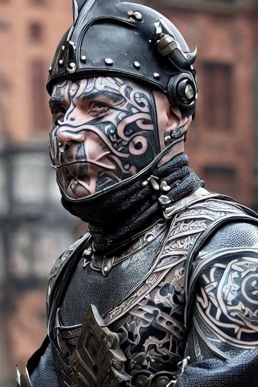 ((fantasy villain man)) with a (tattooed face) wearing a iron armour in front of a (medieval cityscape towers and building...