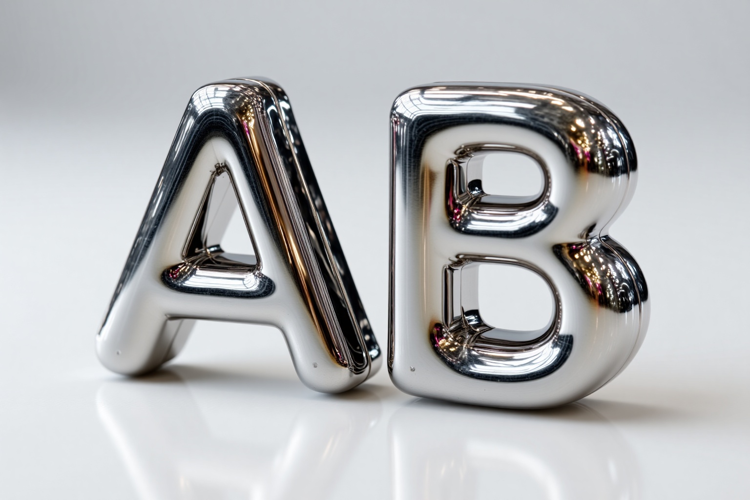 beijihui,The image shows a close-up of a metallic,shiny,three-dimensional object that appears to be a stylized representation of the letters "A" and "B." The letters are **** of a smooth,reflective material,giving them a polished and sleek appearance. The "A" is positioned to the left,and the "B" is to the right,with both letters slightly overlapping. The background is a soft gradient,transitioning from a light gray at the top to a slightly darker shade towards the bottom,providing a subtle contrast to the metallic surfaces of the letters. The overall composition is minimalistic,focusing on the reflective quality and clean lines of the metallic letters.,