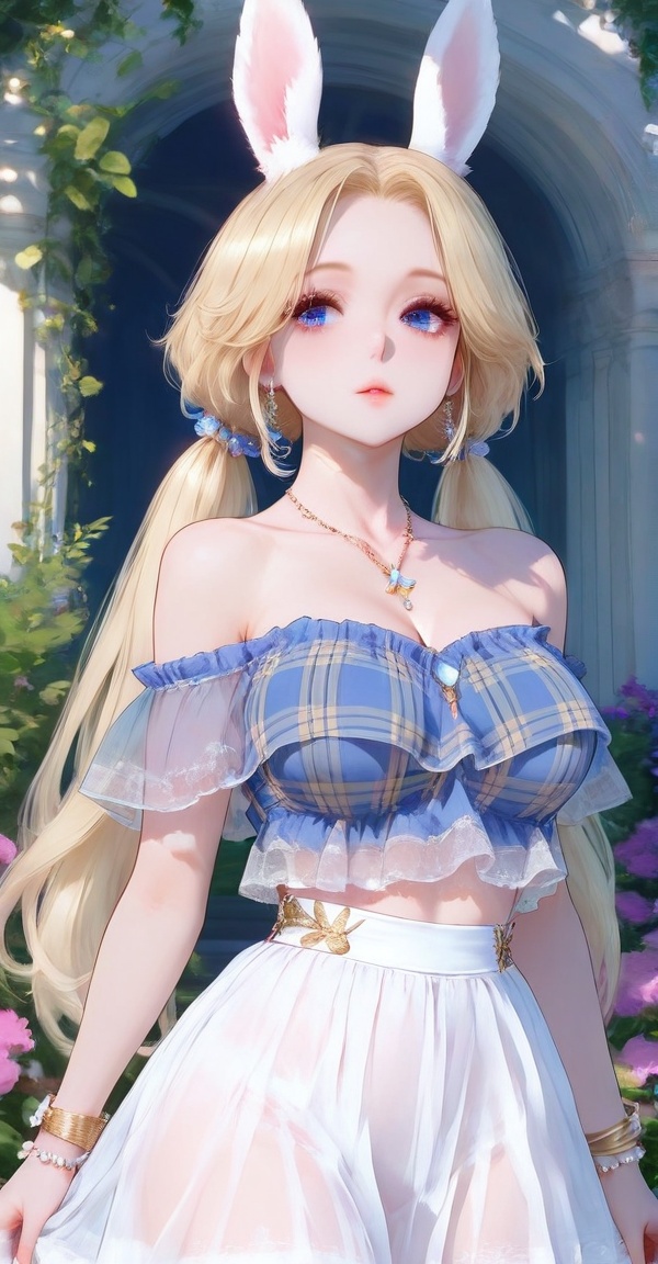 plaid shirt,  off-shoudler skirt,  rabbit ears on Tensor.Art