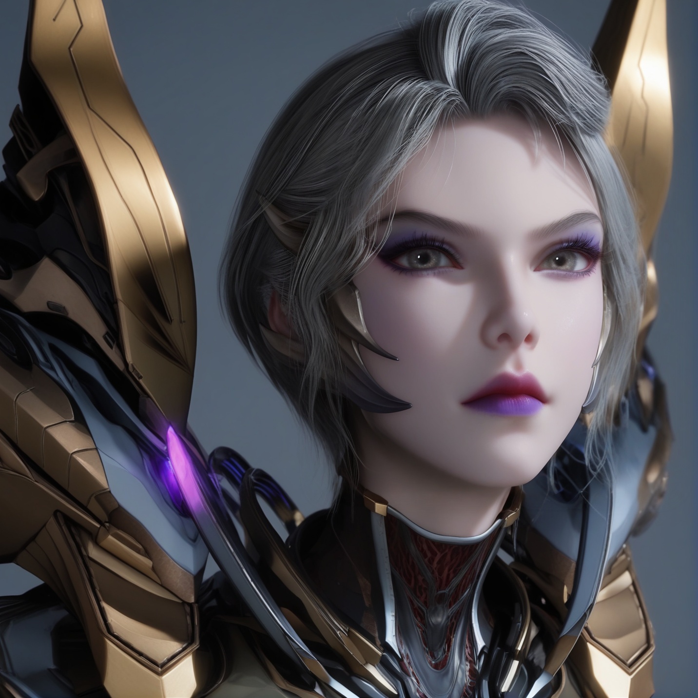 (score_9),portrait,(close-up),solo focus,(eye focus),<lora:九皇女-apony-000009:0.82>,jhn,1girl,solo,short hair,grey hair,purple lips,eyeshadow,makeup,sci-fi suit,mechanical wings,bodysuit,<lora:perfect eyes_v1:0.8>,light blush,Expressiveh,<lora:Expressive_H-000001:0.8>,collarbone,(glamor:1.2),curvy,BREAKlooking at viewer,front view,<lora:e肤色滑块:0.5>,fair_skin,(pale_skin),(white skin),<lora:e色温:0.35>,light skin,BREAKsimple background,grey background,ultra-detailed skin texture,detailed textures,4K ultra HD,sharp focus,high detail,natural lighting,high contrast,hearts,Volumetric Lighting,Tyndall effect,