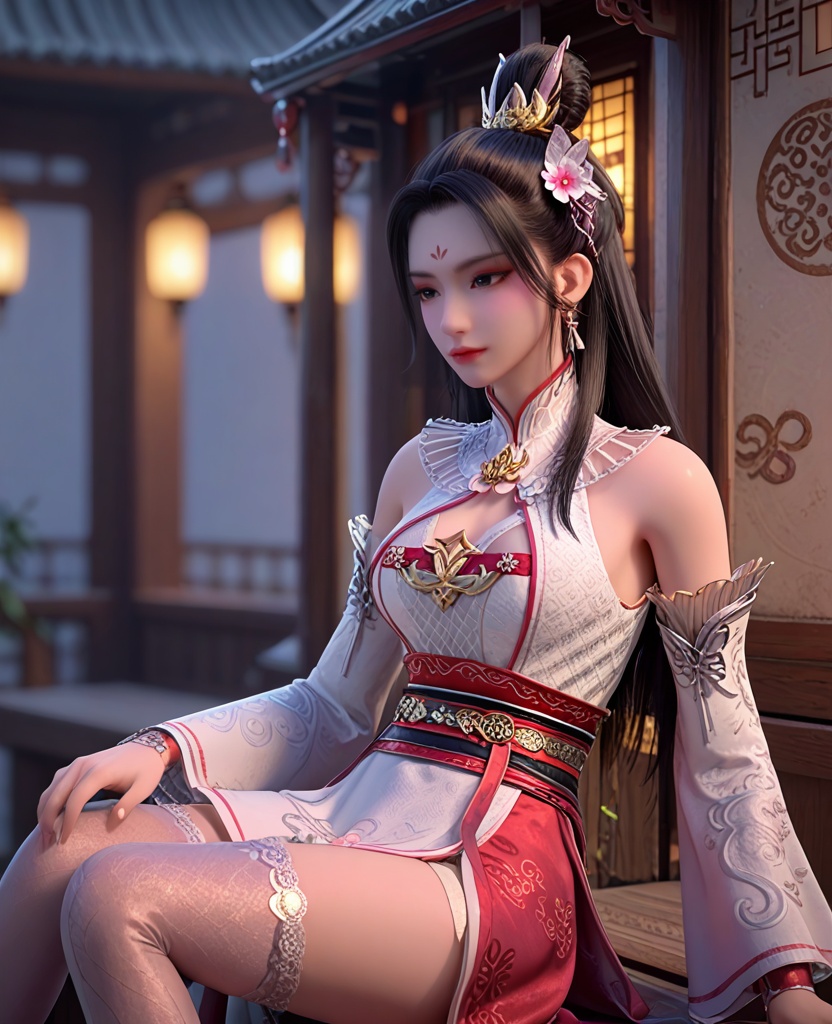 (oriental architecture, elegant decor, sophisticated style:1.1),(sitting:1.1),(breasts:1.2),<lora:XL暗河传白鹤淮:0.9>,miss baihehuai,white dress,forehead mark,hair ornament,black hair,jewelry,detached sleeves,mesh print,black eyes,see-through detached collar,sash,pink overskirt,silver thighhighs,, score_9,score_8_up,score_7_up,score_6_up,score_5_up,score_4_up,3d rendering,tag1,tag2, Cinematic Lighting,backlighting,