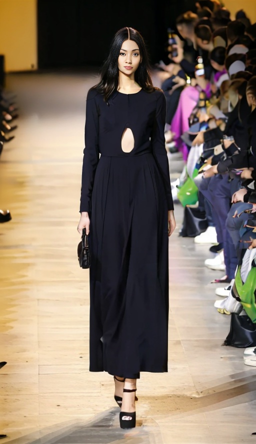 1girl, 2024spring, bag, black dress, black nails, blurry, dress, fashion, full body, handbag, holding, long hair, looking at viewer, parody, ring, solo, standing, white dress, <lora:SD1.5_2024Spring2.28:0.8>