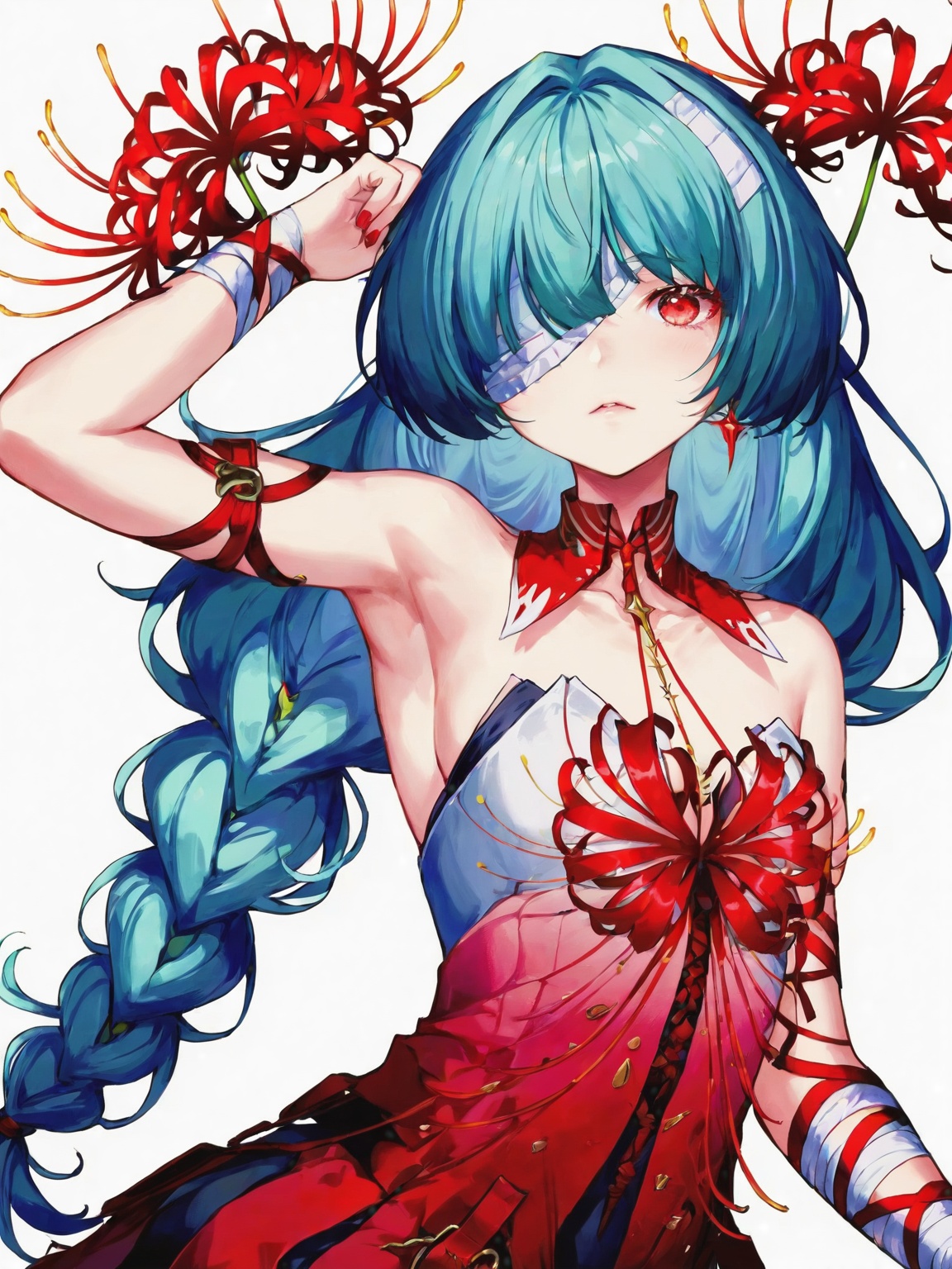 <lora:fll:1>,<lora:ClearHand-V2:1.5>,solo,bandages,white background,looking at viewer,dress,braid,spider lily,bandaged arm,upper body,armpits,bandage over one eye,simple background,red nails,nail polish,parted lips,fll,(artist:quasarcake:0.8),