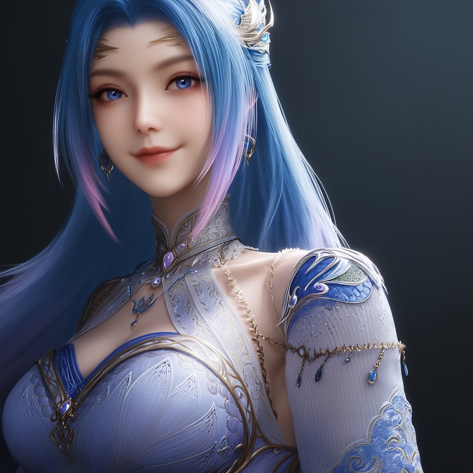 masterpiece,best quality,absurdres,highres,BREAK(glamor:1.1),slender,1girl,solo,<lora:唐舞桐-ill:0.83>,long hair,blue hair,hair ornament,gradient hair,blue eyes,jewelry,earrings,necklace,(seductive_smile:1.1),evil smile,high collar,clothing cutout,dress,detached sleeves,(large breasts),looking at viewer,front view,upper body,BREAKsimple background,black background,rim light,Tyndall effect,Volumetric Lighting,Cinematic Lighting,realistic,
