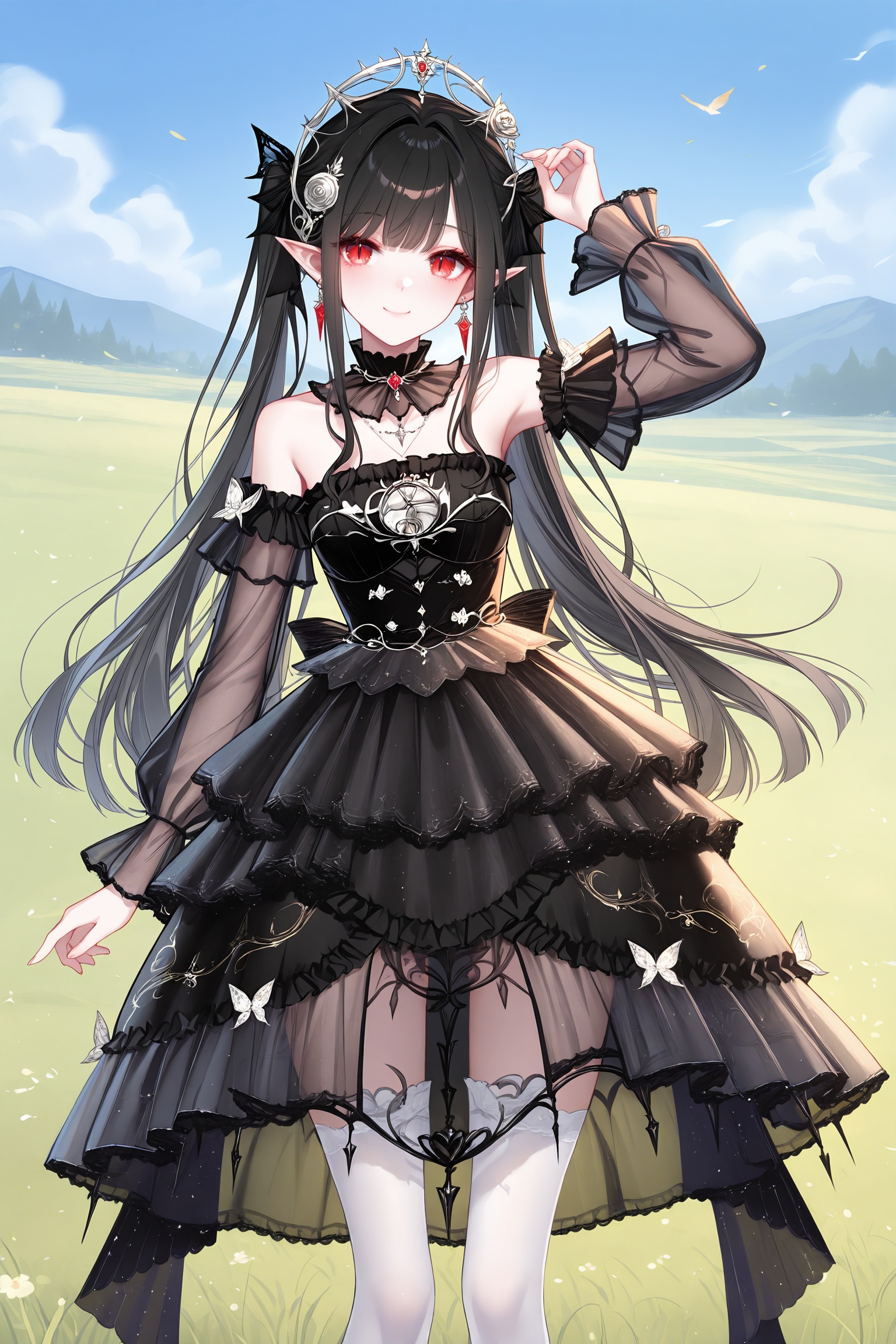 masterpiece,best quality,newest,absurdres,highres,soft shadows,year2024,mutou kurihito,[kimishima ao],[[[bison cangshu]]],[[[[[sheya]]]]],1girl,<lora:AlengerXLNAI:1>,ailan,(messy hair:1.4),black hair,pointy ears,red eyes,long hair,slit pupils,smile,twintails,<lora:wishfulaurosa2XLNAI:1.2>,wishful aurosa,dress,black dress,earrings,see-through sleeves,detached sleeves,strapless dress,dress flower,white thighhighs,print thighhighs,frilled dress,see-through dress,outdoors:1.2,grasslands,dress tug,legs apart,arm up,arm at side,