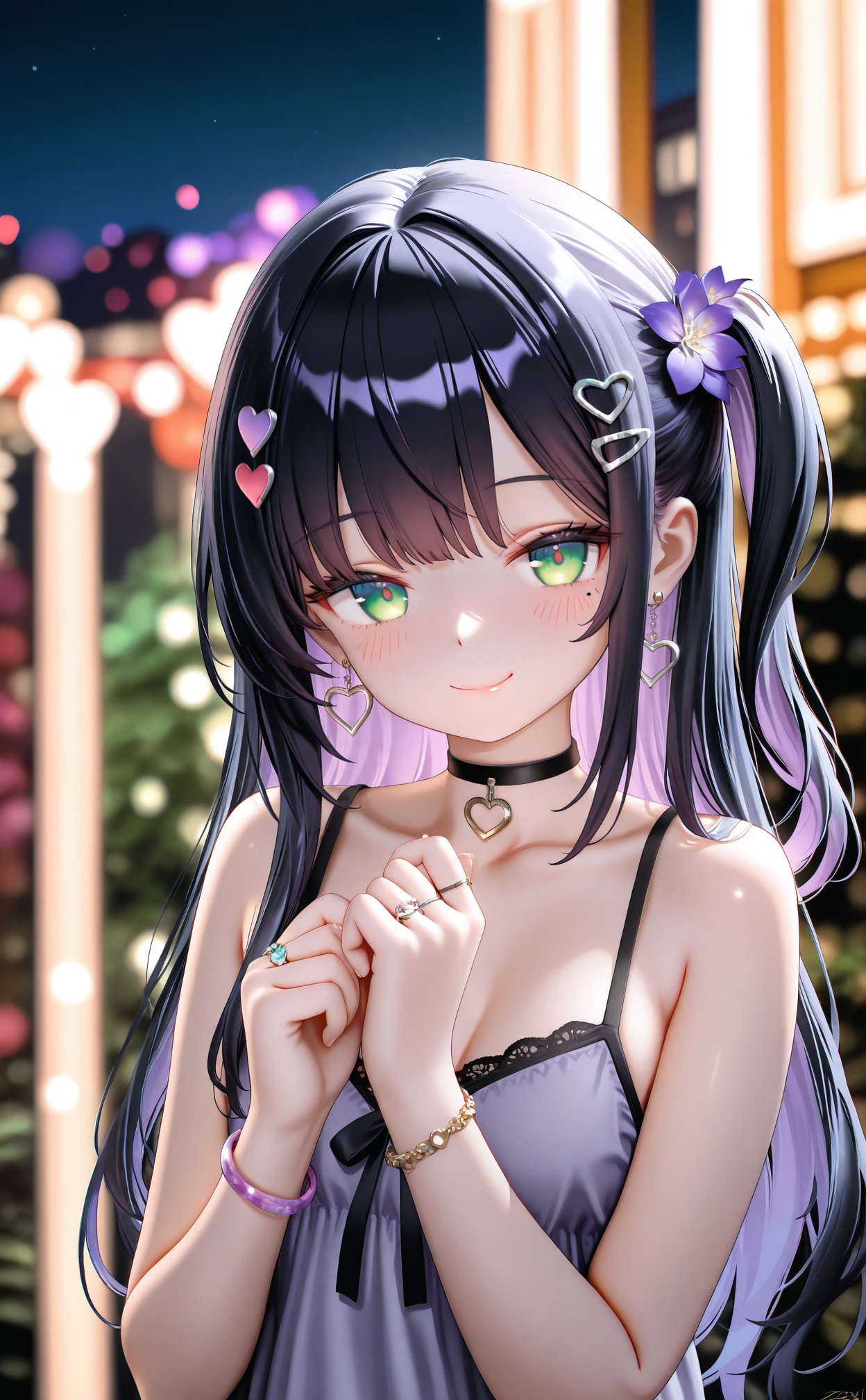masterpiece,absurdres,best quality,high quality,chromatic_aberration,//,1girl,hair ornament,solo,jewelry,green eyes,choker,black hair,looking at viewer,smile,ring,hairclip,black choker,long hair,closed mouth,flower,hair flower,earrings,bare shoulders,blurry background,heart,upper body,bracelet,one side up,purple flower,multicolored hair,blurry,heart hair ornament,mole under eye,mole,signature,purple hair,blush,bare arms,hands up,camisole,heart earrings,night,sleeveless,two-tone hair,depth of field,spaghetti strap,colored inner hair,//,<lora:228zjlt——【CKXL】hans:0.8>,