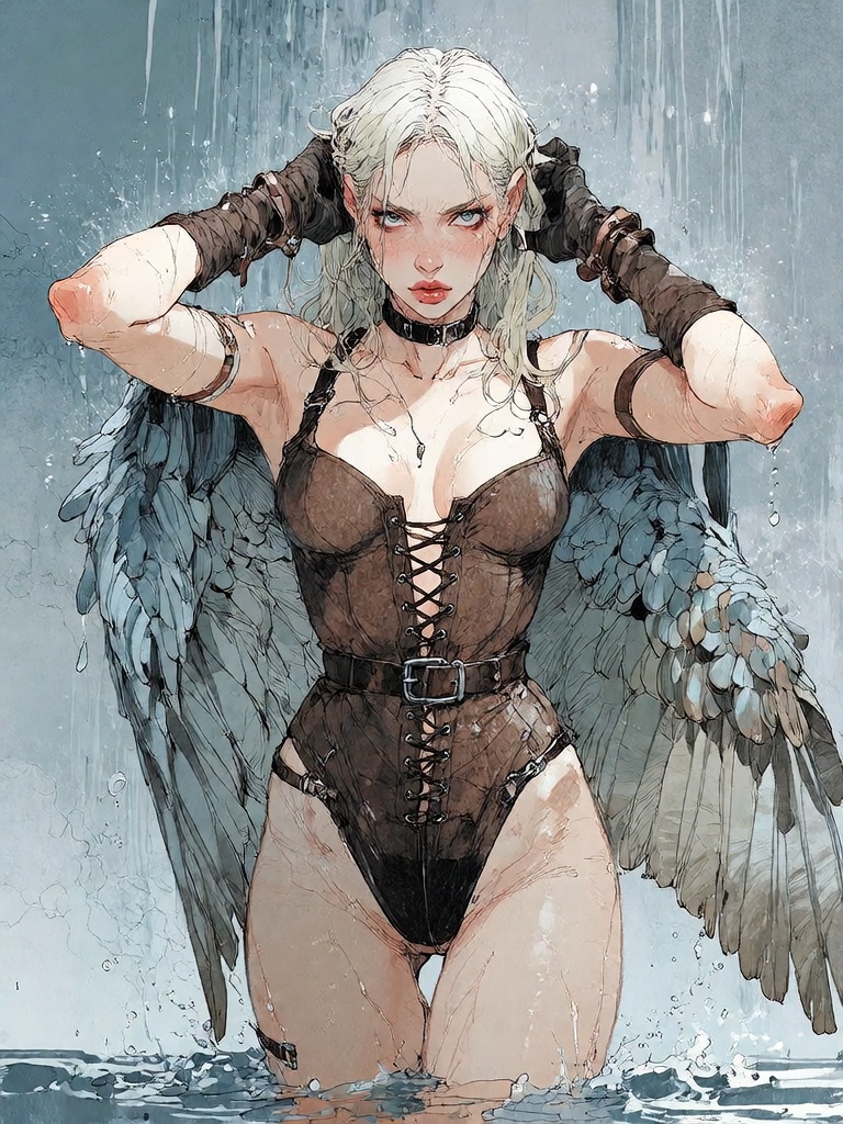 Bradhamel art style. A strikingly beautiful pale-skinned woman with long,  wet,  platinum blonde hair tied back with dark...