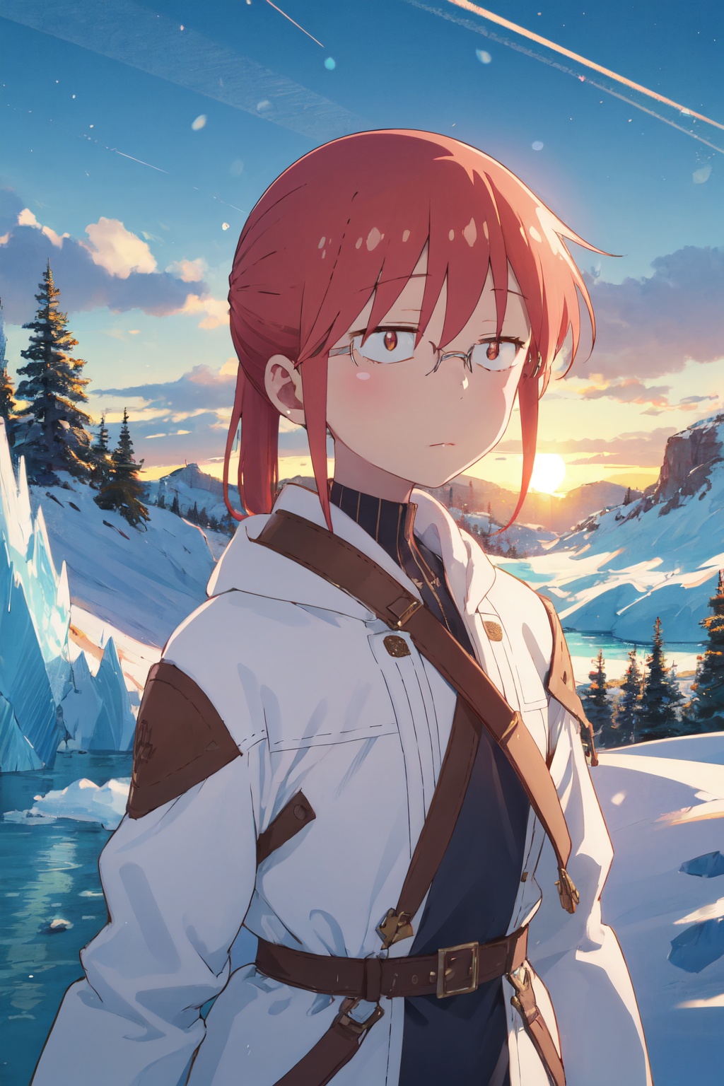 <lora:Kobayashi-000010:0.8>,kobayashi cyql,1girl,looking at viewer,solo,glasses,red hair,ponytail,brown eyes,sidelocks,Extravagant sequin-embellished mini dress with exaggerated shoulder pads,Tsundere,upper_body,Majestic snow-capped mountains pierce the clouds, their snow-covered peaks shimmering in the sunlight. At their base, glaciers inch forward, carving out profound valleys,(Wildflowers, Coastal cliffs, Pacific Ocean views, Coastal breeze, Wildflower bloom, California landscape:0.5),beautiful detailed sky,beautiful detailed glow,posing in front of a colorful and dynamic background,masterpiece,best quality,beautiful and aesthetic,contrapposto,female focus,wallpaper,
