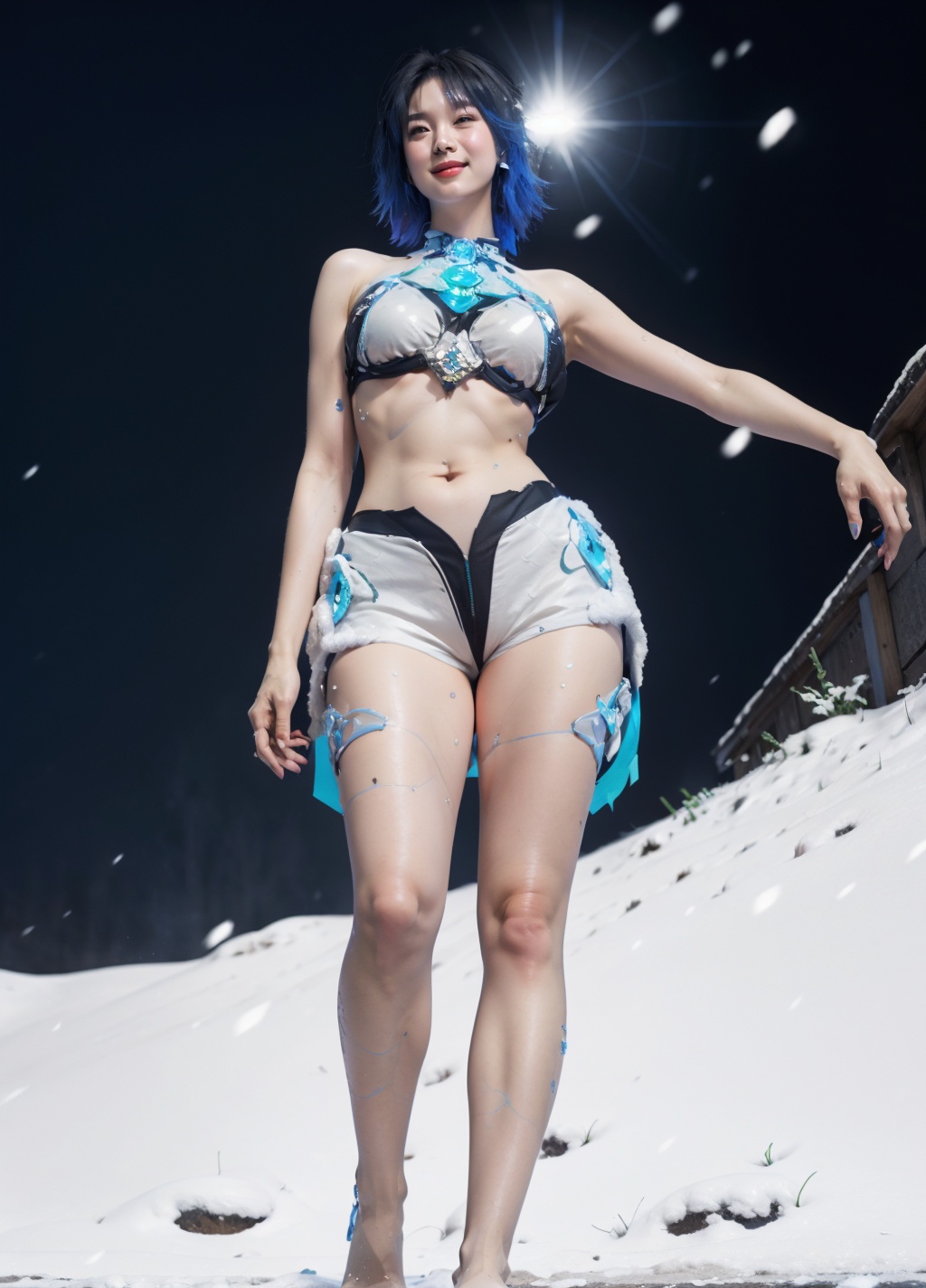 (RAW photo, best quality),(realistic, photo-realistic:1.3),(extremely delicate and beautiful:1.1),1girl,(exquisitely detailed skin),fantasy,best shadow,intricate,cinematic light,perfect anatomy,(coolcolor:1.4),yushuishu,(original),shuixia,1 girl,plain,ice and snow,barefoot,in the snow,snowflakes falling,thick snow,snowflakes,snowing,(full_body:1.4),spinning,smile,exquisite face,flashing eye shadow,slender thighs,good night,(from below:1.4),look below,blue eyes,blue hair,breasts,cleavage cutout,hair ornament,jewelry,large breasts,long hair,navel,nipples,purple hair,*****,sleeveless,toenails,standing in the snow,sheryama,plateau,nude,shimo-san,walking,((sweat)),blush,wheezing,(shyi:1.5),snowfield,<lora:逆战凛:0.8>,