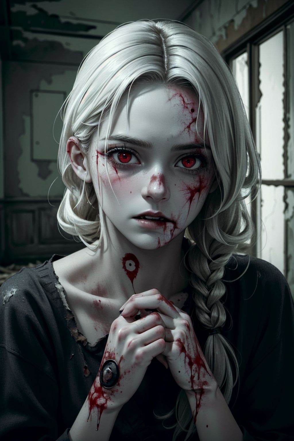 zombie girl in a ruined room,  vampire,  blood on her hands on Tensor.Art