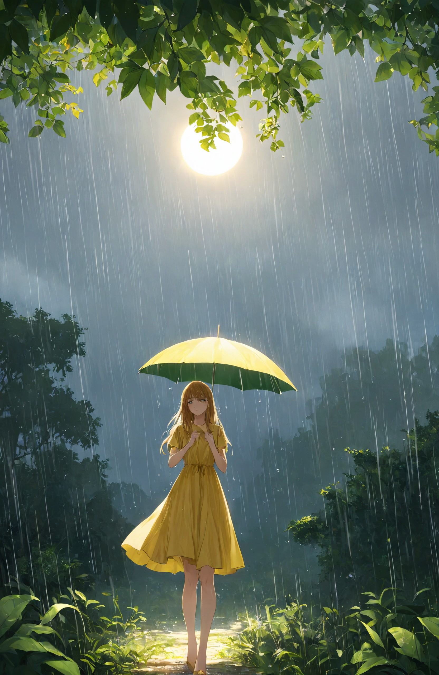 A girl in a yellow dress stands under a canopy of lush green leaves, her hair blowing gently in the wind. The scene is set against a backdrop of a summer rain shower, with the sun peeking through the clouds, creating a nostalgic, almost melancholic atmosphere.