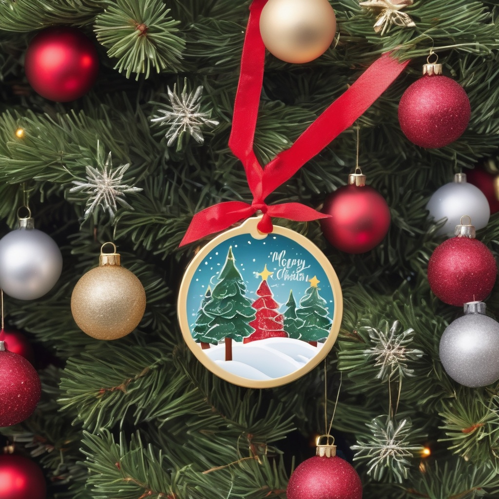 Christmas badges,A festive Christmas ornament with a snowy pine tree design,set against twinkling holiday lights and decorations.,