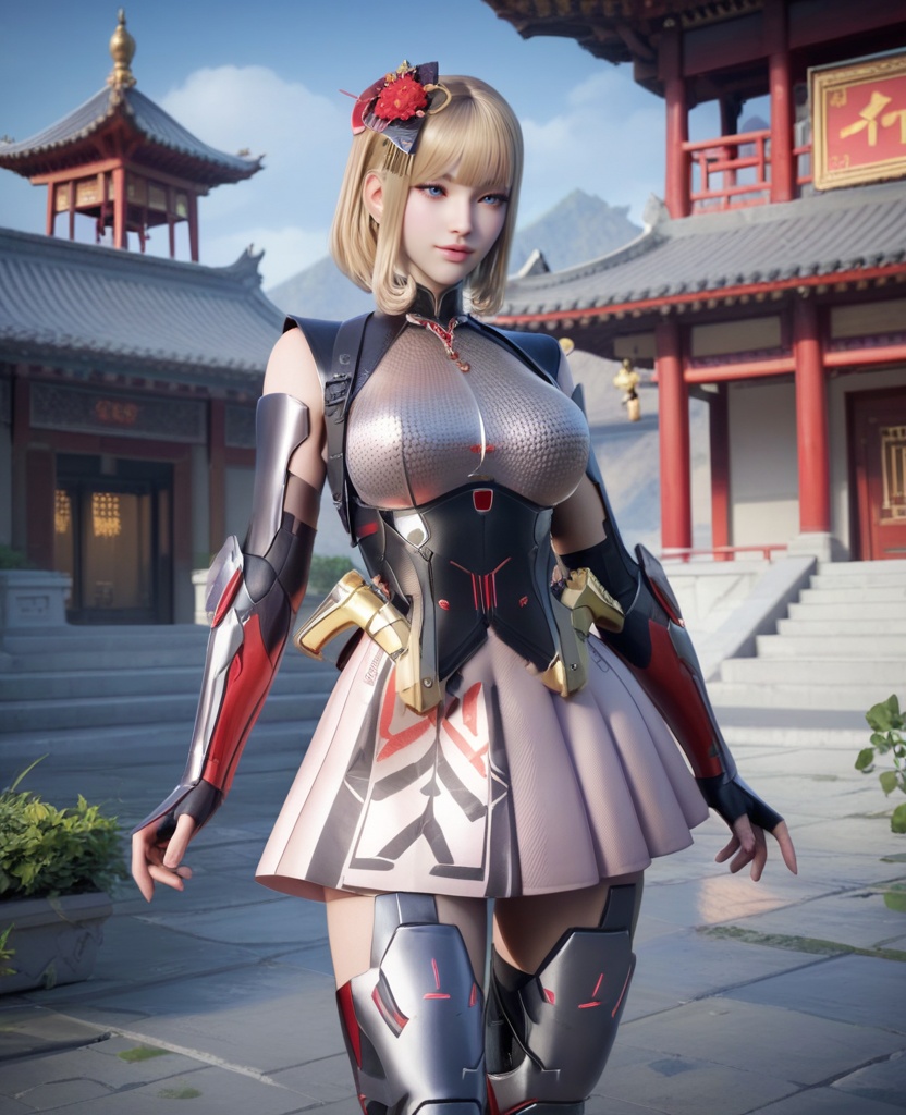 (oriental architecture, elegant decor, sophisticated style:1.1),(Standing with one foot in front, looking sideways,:1.1),(large breasts:1.2),<lora:XL穿越火线岚希儿灵魂舞者:0.95>,miss lanxier,chrome-fit battle top,neon pink skirt,blue eyes,blunt bangs,blonde hair,hair flower,black pauldrons,arm guards,armored high-heeled greaves,holstered,, score_9,score_8_up,score_7_up,score_6_up,score_5_up,score_4_up,3d rendering,tag1,tag2, Cinematic Lighting,backlighting,, zPDXL3, zPDXL2,zPDXL, zPDXLxxx, zPDXLrl,