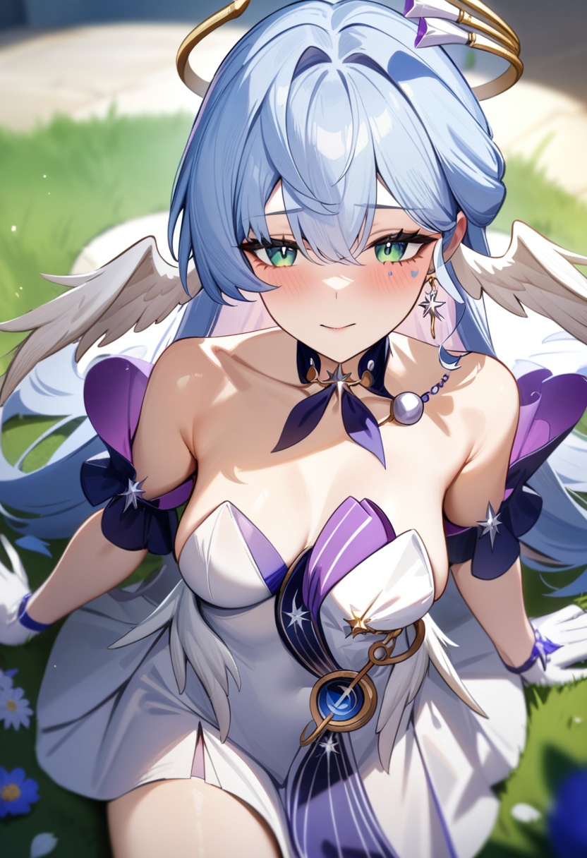 <lora:知更鸟a31:1>,a girl named robin,robin,1girl,strapless dress,bare shoulders,white gloves,halo,head wings,earrings,jewelry,, masterpiece, best quality, very aesthetic, absurdres