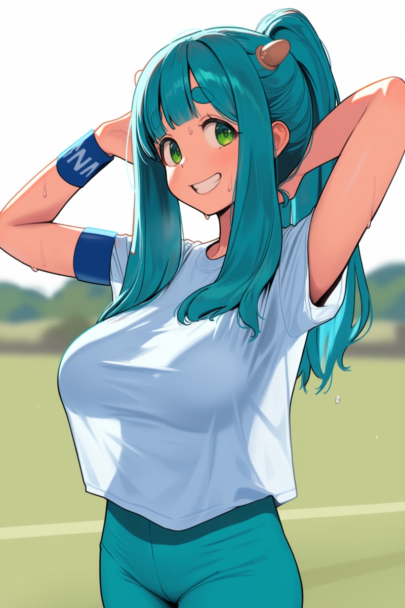 @smnlsst,  The image shows a young woman with long teal hair tied into a high ponytail,  smiling and stretching. She has g...