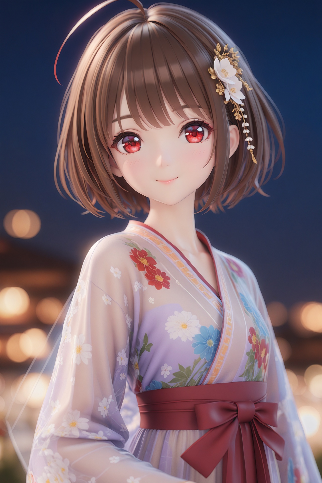 (masterpiece),(best quality),illustration,ultra detailed,hdr,Depth of field,(colorful),mmd,night,1girl,solo,red eyes,looking at viewer,hair ornament,short hair,upper body,brown hair,blurry,ahoge,bangs,see-through,depth of field,hanfu,smile,floral print,closed mouth,