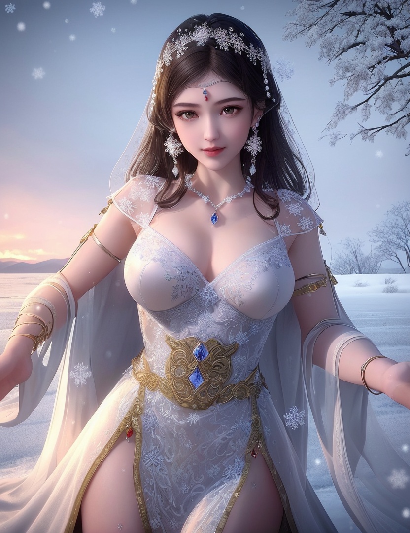 ultra realistic 8k cg, flawless, clean, masterpiece, professional artwork, famous artwork, cinematic lighting, cinematic bloom, perfect face, beautiful face, fantasy, dreamlike, unreal, science fiction,   lace, lace trim, lace-trimmed legwear, luxury, jewelry, diamond, gold, pearl, gem, sapphire, ruby, emerald, intricate detail, delicate pattern, charming, alluring, seductive, erotic, enchanting, hair ornament, necklace, earrings, bracelet, armlet,halo,autumn,((,1girl, pov,best quality, ))  , ((((1girl, solo,outdoors, large breasts,,snowflakes,  snow, snowing,   ))))    <lora:DA_BaiCai:0.7>