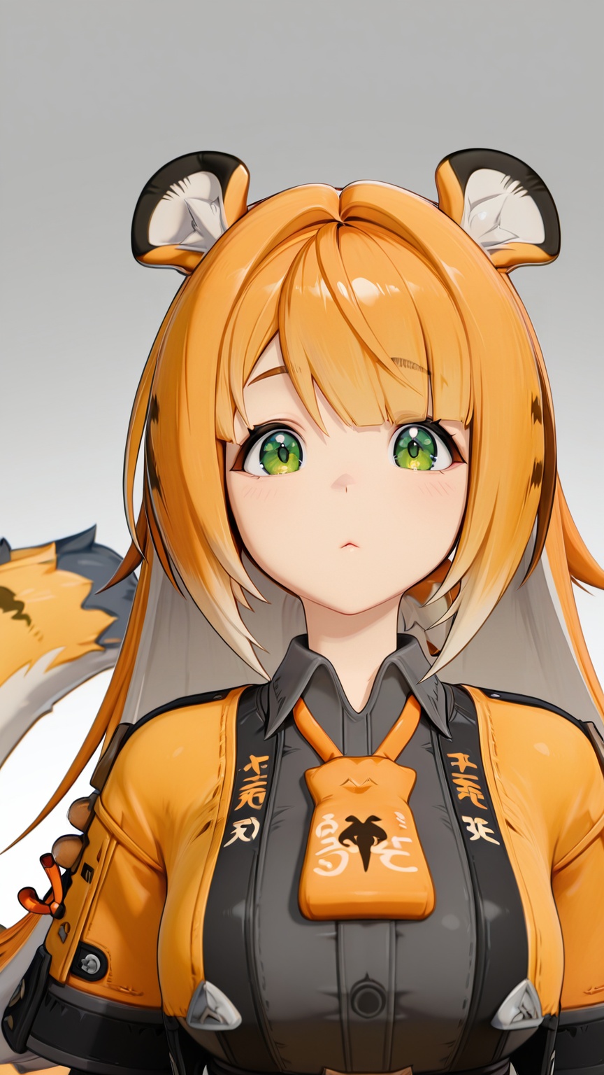 masterpiece,best quality,amazing quality,<lora:jufufu-000016:0.8>,ju fufu\(zenless zone zero\),1girl,solo,tiger tail,tiger ears,green eyes,orange hair,upper body,<lora:3d:0.8>,unreal 3dcg,1girl,breasts,solo,looking at viewer,