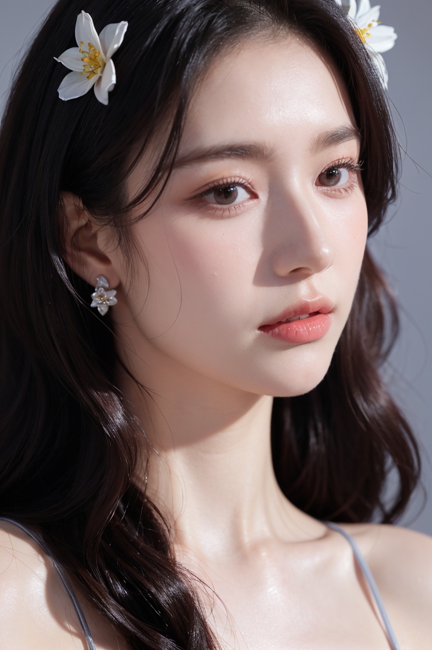 1girl, solo,(front view:1.2),(looking_at_viewer:1.4),(eye-contact:1.4),,black hair, long hair, jewelry, realistic, earrings, hair ornament, black eyes, lips, collarbone, parted lips, flower, watermark, upper body, portrait, hair flower, dress, web address,  <lora:YG红颜阁美女7:0.8>,