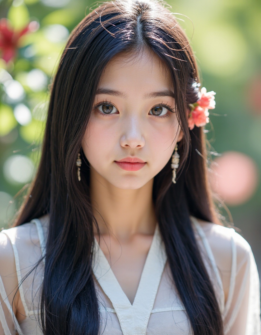 young, teenage, 1girl, solo, earrings, jewelry, realistic, looking at viewer, long hair, black hair, flower, upper body, closed mouth, chinese clothes, outdoors,