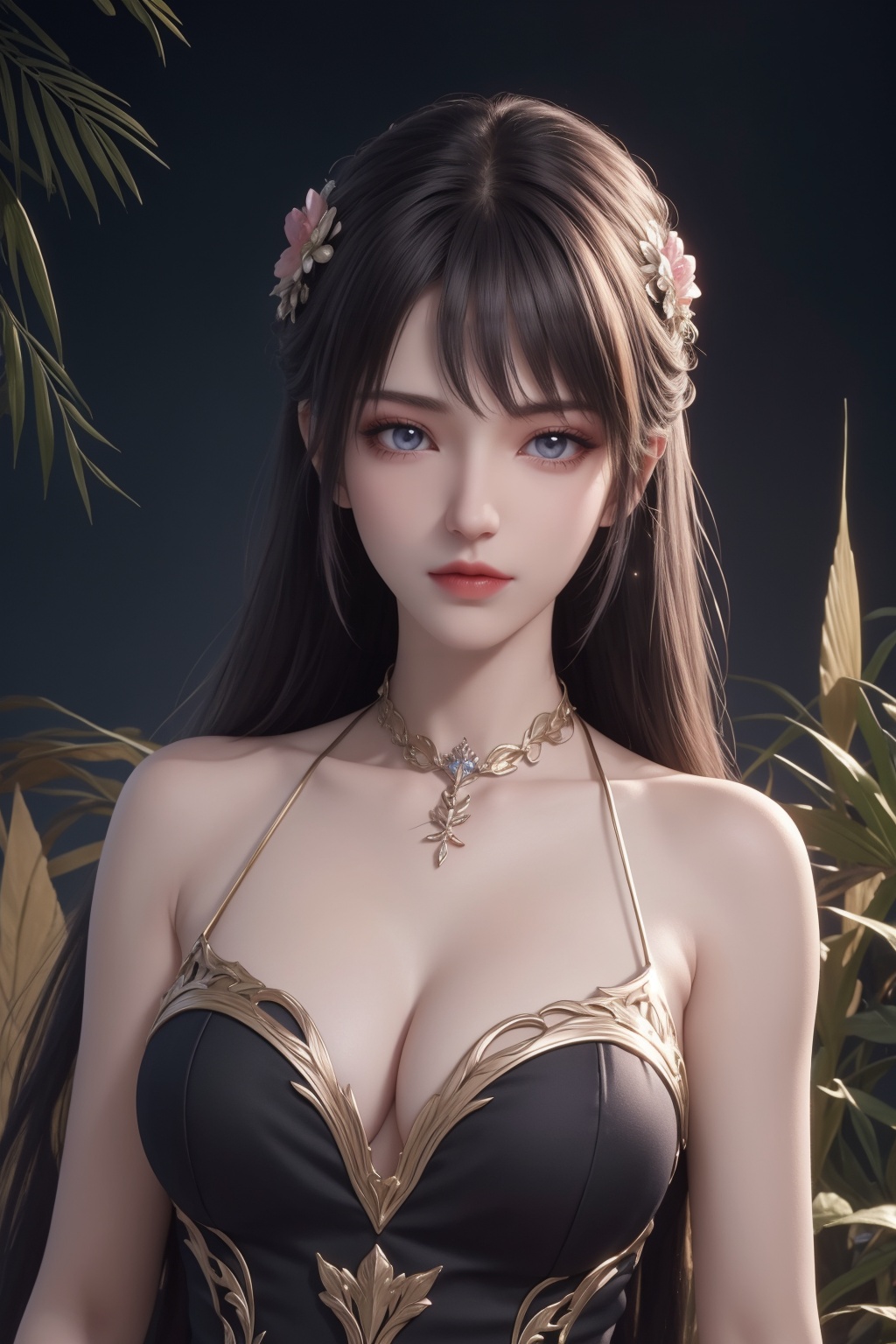 1girl, aurora, bamboo, bangs, bare shoulders, blue eyes, branch, breasts, city lights, cleavage, cloud, constellation, crescent moon, dress, fireflies, flower, full moon, gem, hair flower, hair ornament, jewelry, large breasts, leaf, light particles, lips, long hair, looking at viewer, milky way, moon, moonlight, night, night sky, outdoors, palm tree, pink lips, plant, shooting star, sky, solo, space, star \(sky\), starry sky, tanabata, tanzaku, tree, very long hair  <lora:彩儿:0.66>