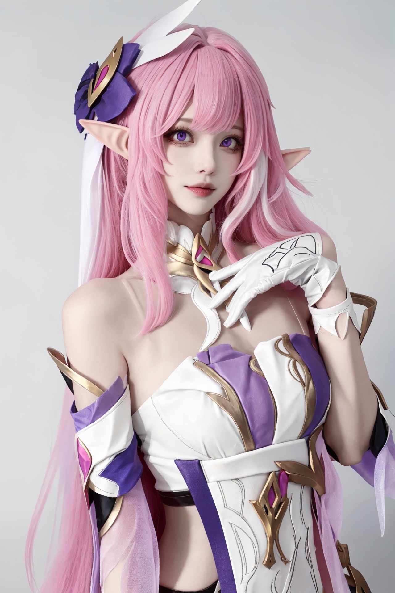 <lora:爱莉:0.75>,elysia cosplay,pink hair,long hair,dress,white dress,bare shoulders,elysia \(honkai impact\),gloves,white gloves,bangs,bar censor,hair ornament,censored,elf,pink eyes,, 1girl,,  (masterpiece,best quality:1.2),absurdres
